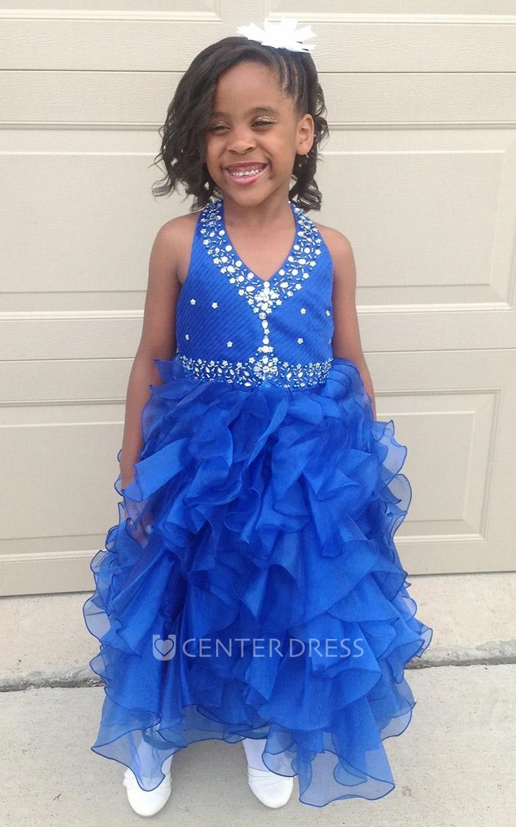 Tea-Length Ruffled Natural Tiered Beaded Sequins&Organza Flower Girl Dress With Sash