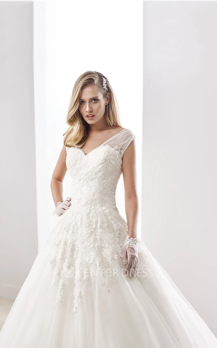 V-neck Cap sleeve A-line Wedding Dress with Open Back and Tulle Straps