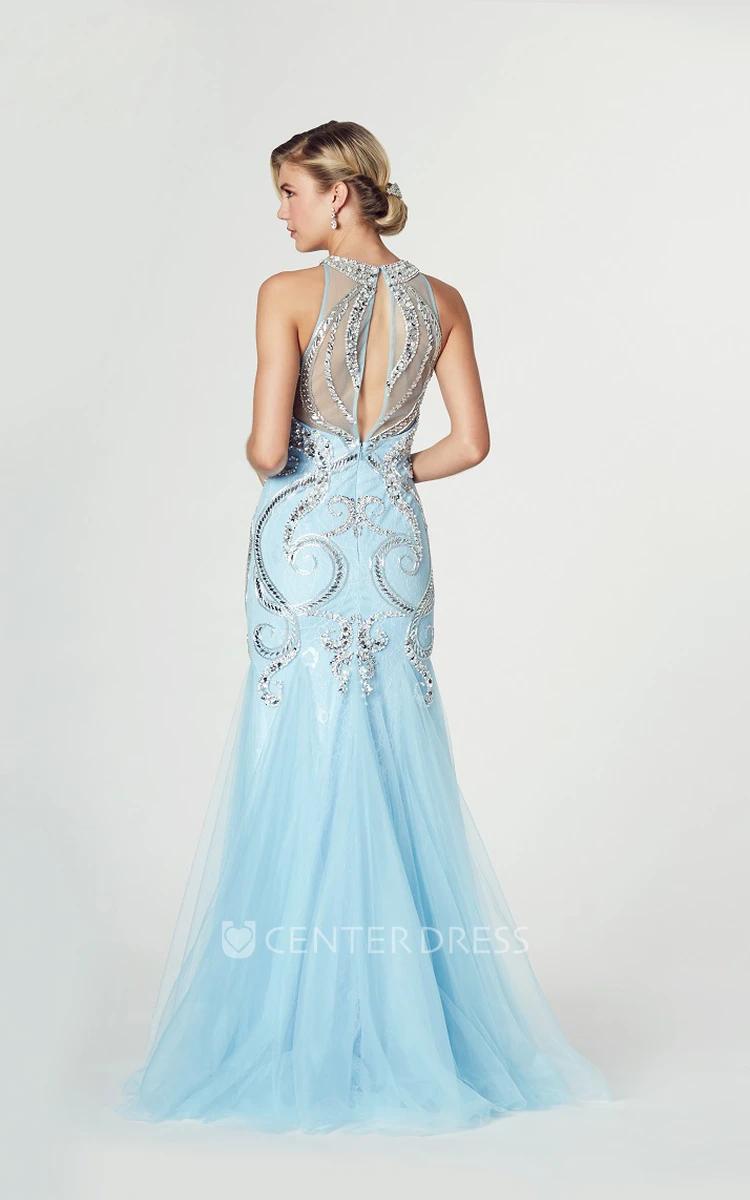 Mermaid Sleeveless High Neck Crystal Tulle Prom Dress With Illusion Back