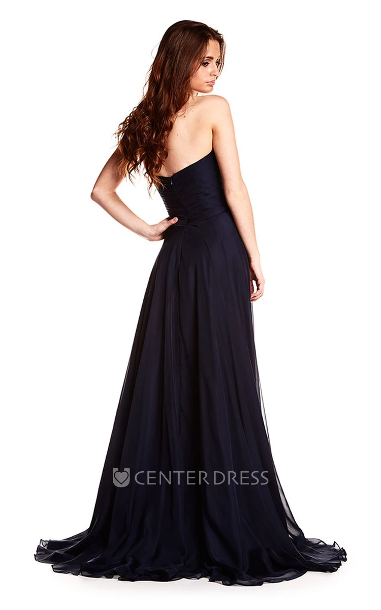 A-Line Crystal Sleeveless Floor-Length Sweetheart Chiffon Prom Dress With Backless Style And Draping