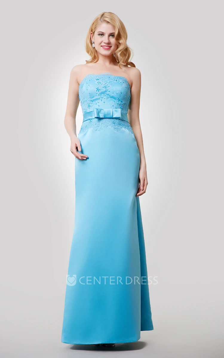 Satin Floor Length Strapless Dress With Beaded Lace Bodice and Bow