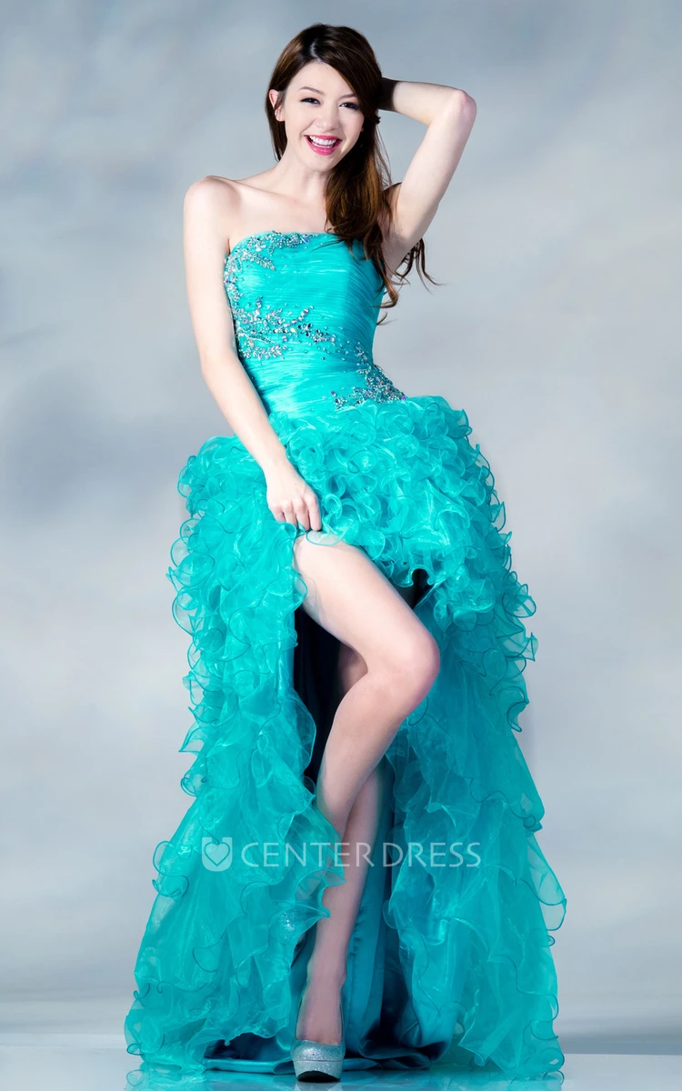 A-Line High-Low Strapless Sleeveless Organza Dress With Ruching And Beading