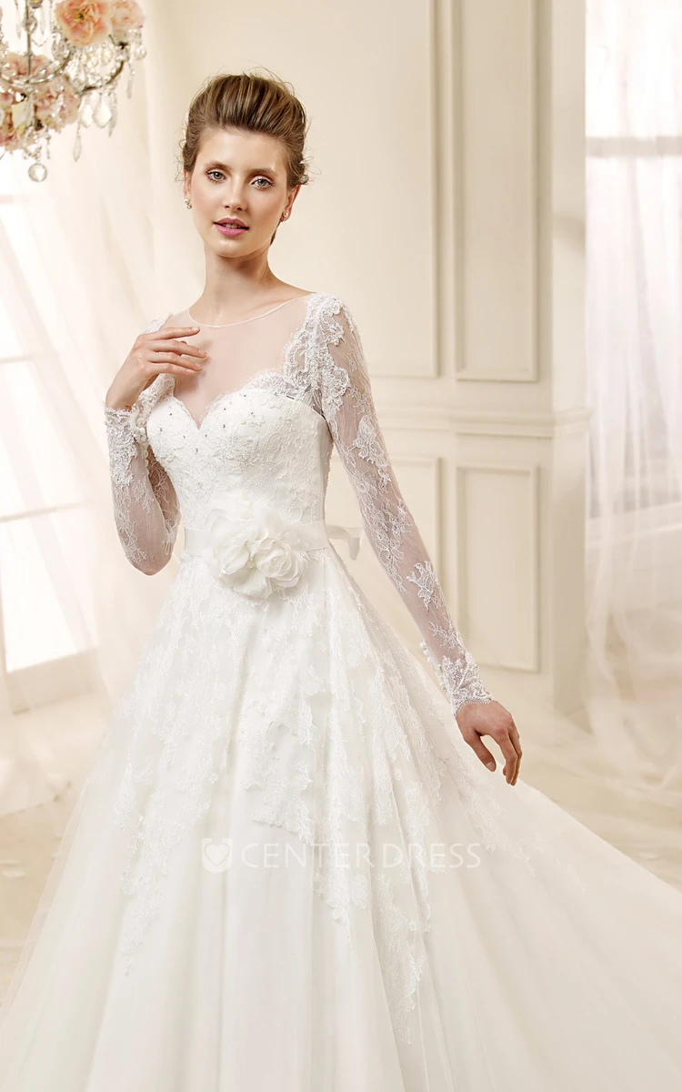 Mature Long-sleeve A-line Wedding Dress with Flower and Illusive Design