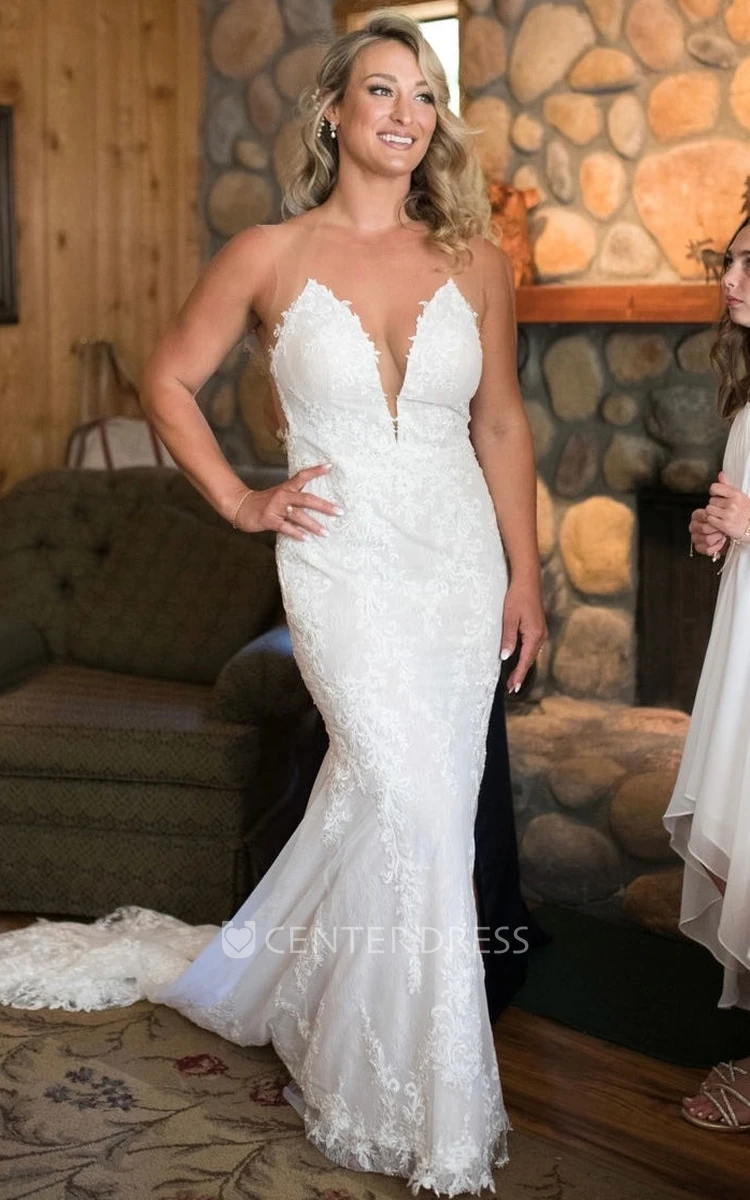 Simple Mermaid Bateau Neck Lace Wedding Dress With Illusion Back And Appliques