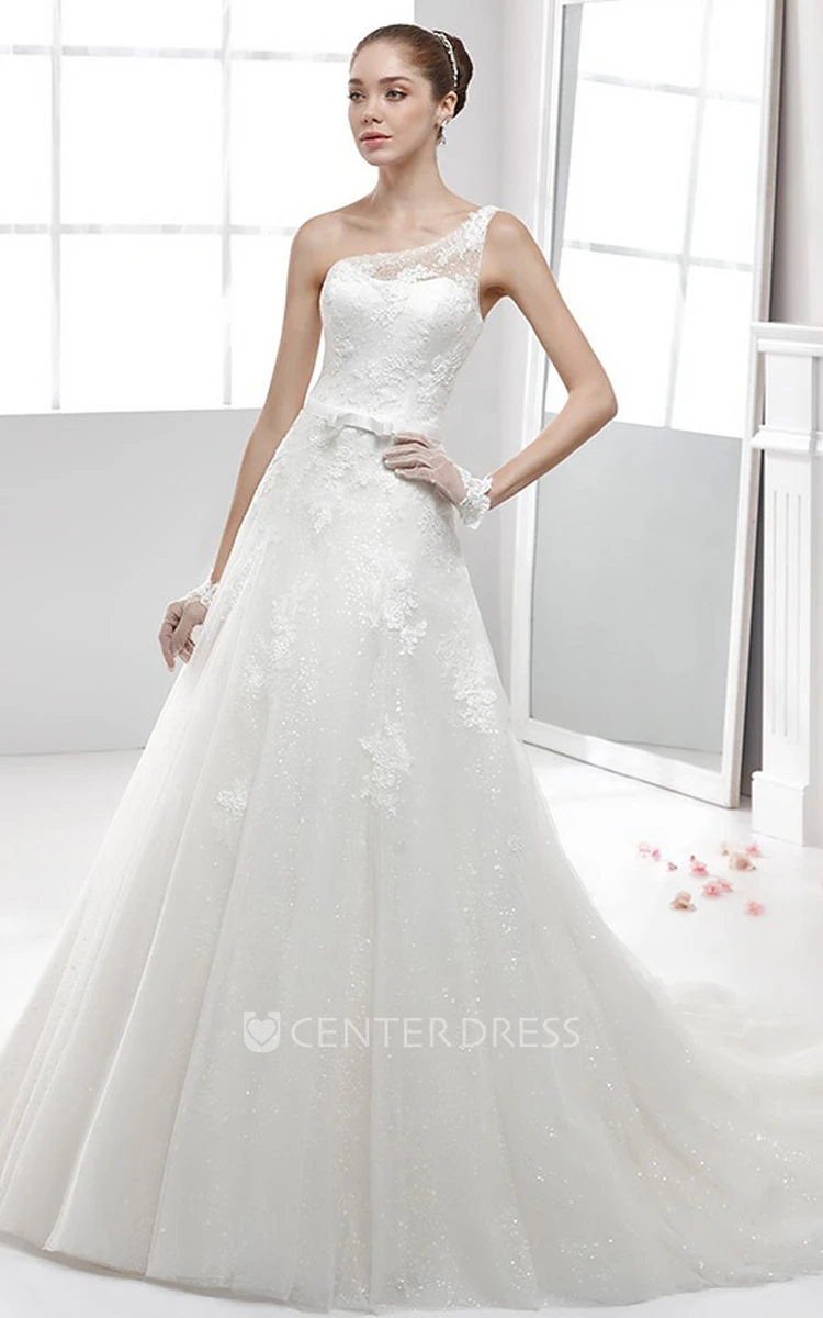 One-Strap Lace Wedding Dress With Appliques and Illusive Strap