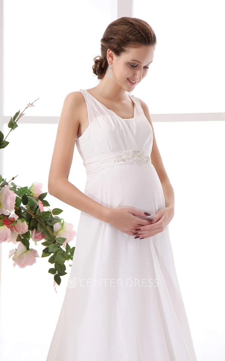 Soft Flowing Empire Chiffon Sleevess Maternity Wedding Gown With Beading