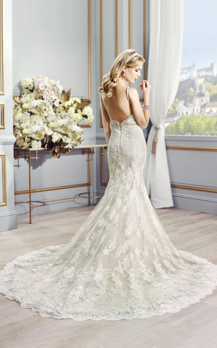 Long Straps Beaded Lace Wedding Dress With Court Train And V Back