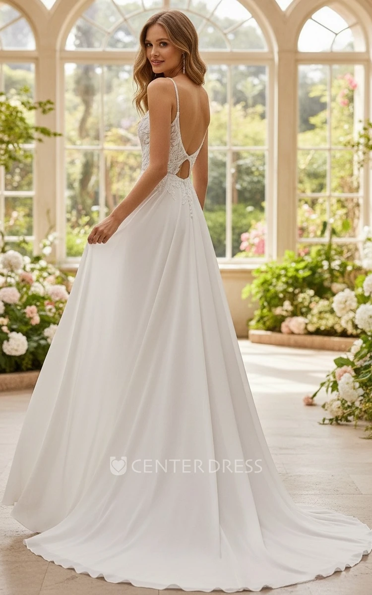 Ethereal Sexy A-Line Plunging Neckline Spaghetti Floor-length Chiffon Lace Wedding Gown Elegant Garden Lace Appliques Split Front Sleeveless Backless Bridal Dress with Button