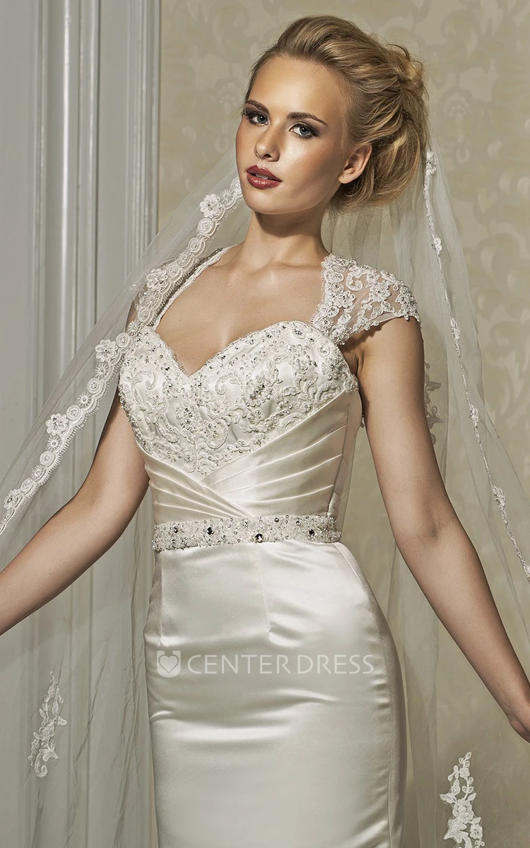 Sheath Cap-Sleeve Floor-Length Jeweled Satin Wedding Dress With Lace