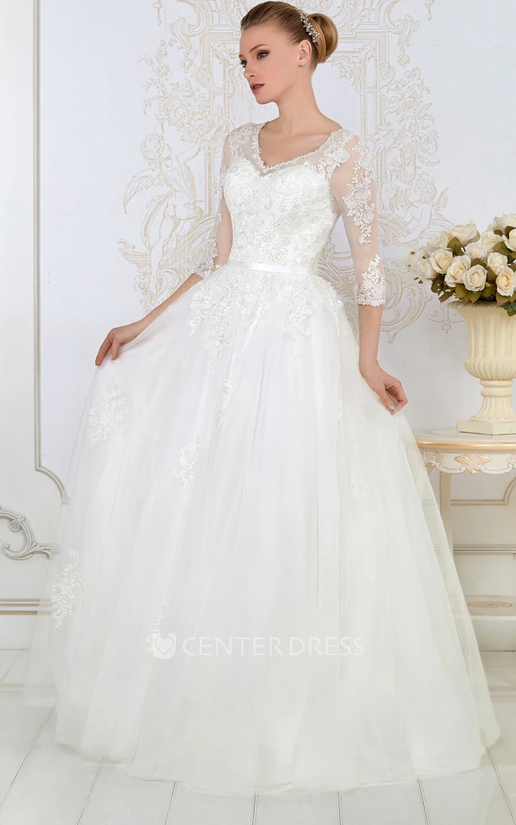 A-Line 3-4-Sleeve V-Neck Tulle&Lace Wedding Dress With Illusion