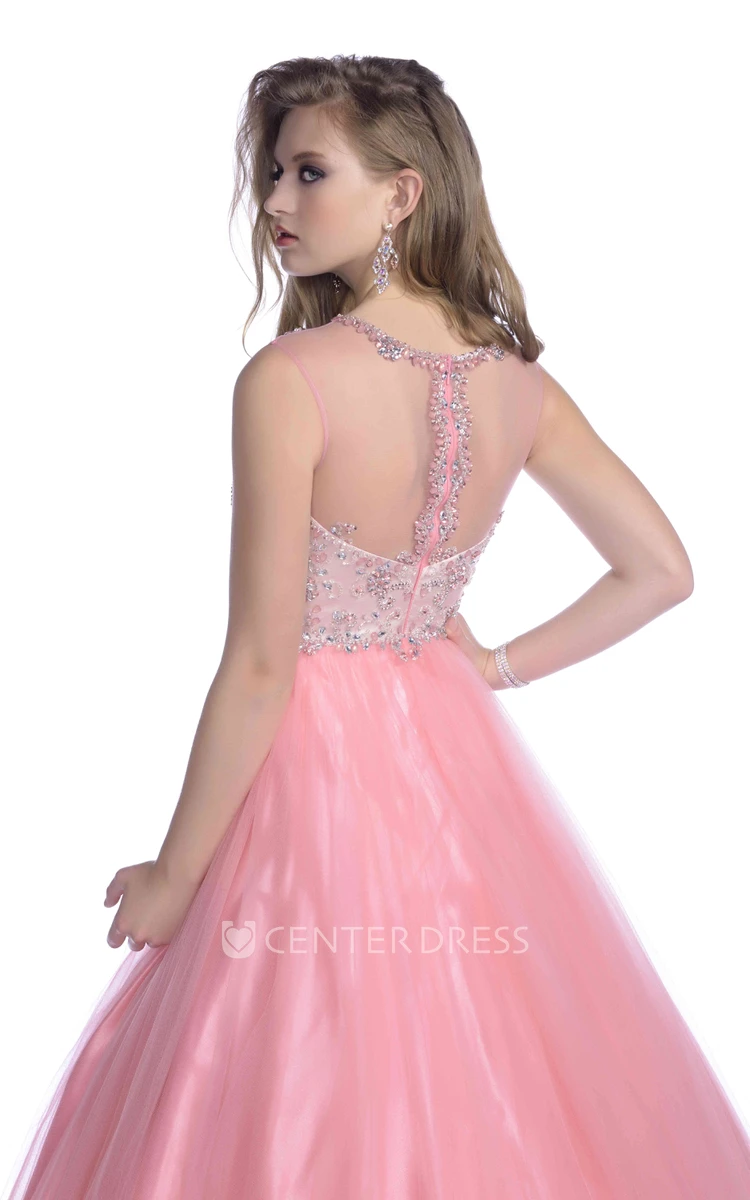 A-Line Tulle Cap Sleeve Prom Dress Featuring Rhinestone Bodice And Illusion Back