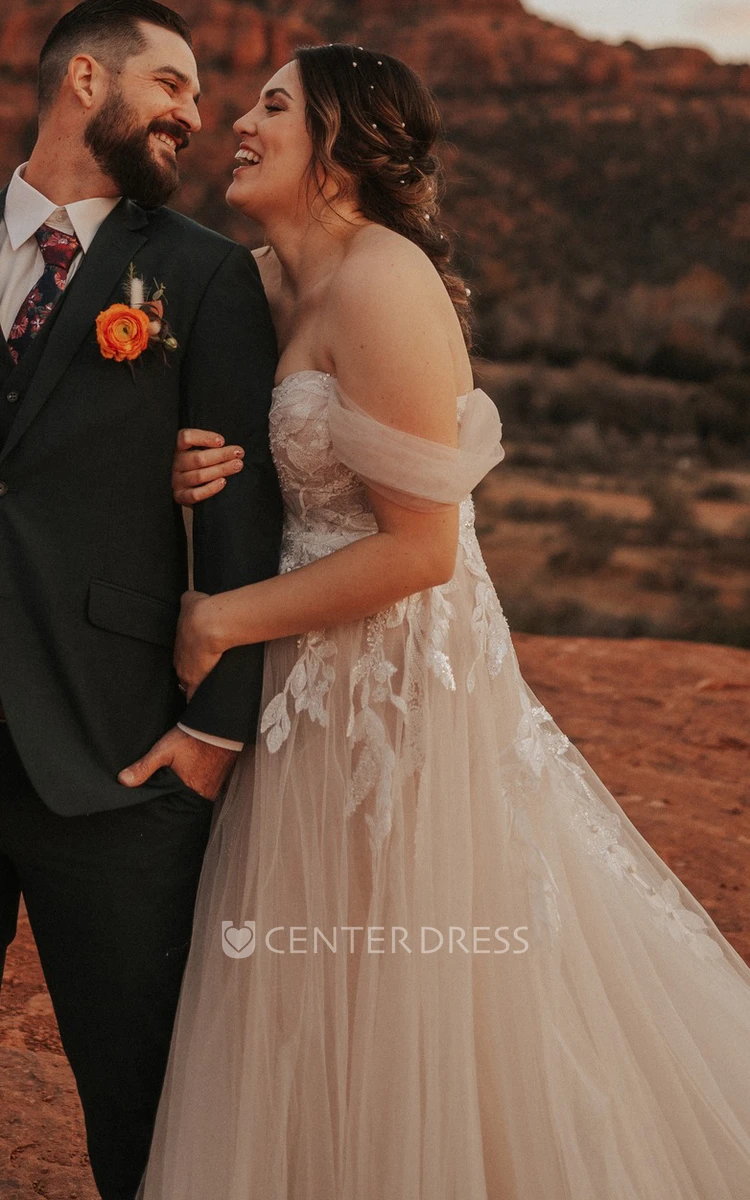 A-Line Off-Shoulder Tulle Wedding Dress with Train Elegant Romantic