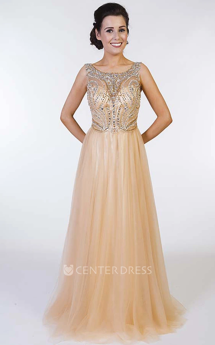 A-Line Scoop-Neck Sleeveless Floor-Length Beaded Tulle Prom Dress