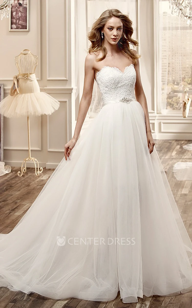 Sweetheart Long Wedding Dress with Lace Bodice and Pleated Tulle Skirt 