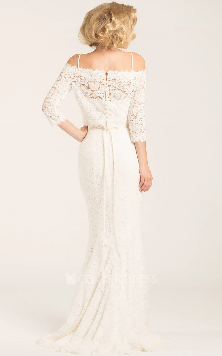 Floor-Length Off-The-Shoulder Half Sleeve Jeweled Lace Wedding Dress
