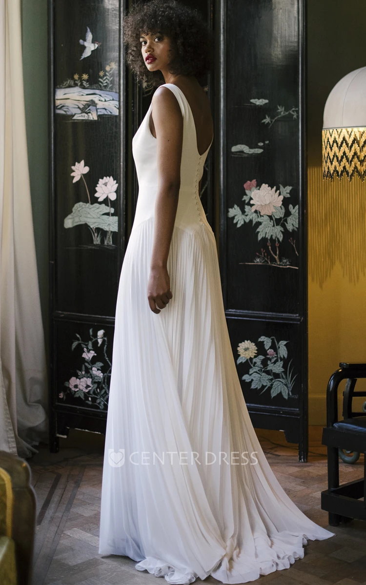 Gorgeous A Line Chiffon V-neck Sweep Train Wedding Dress with Pleats
