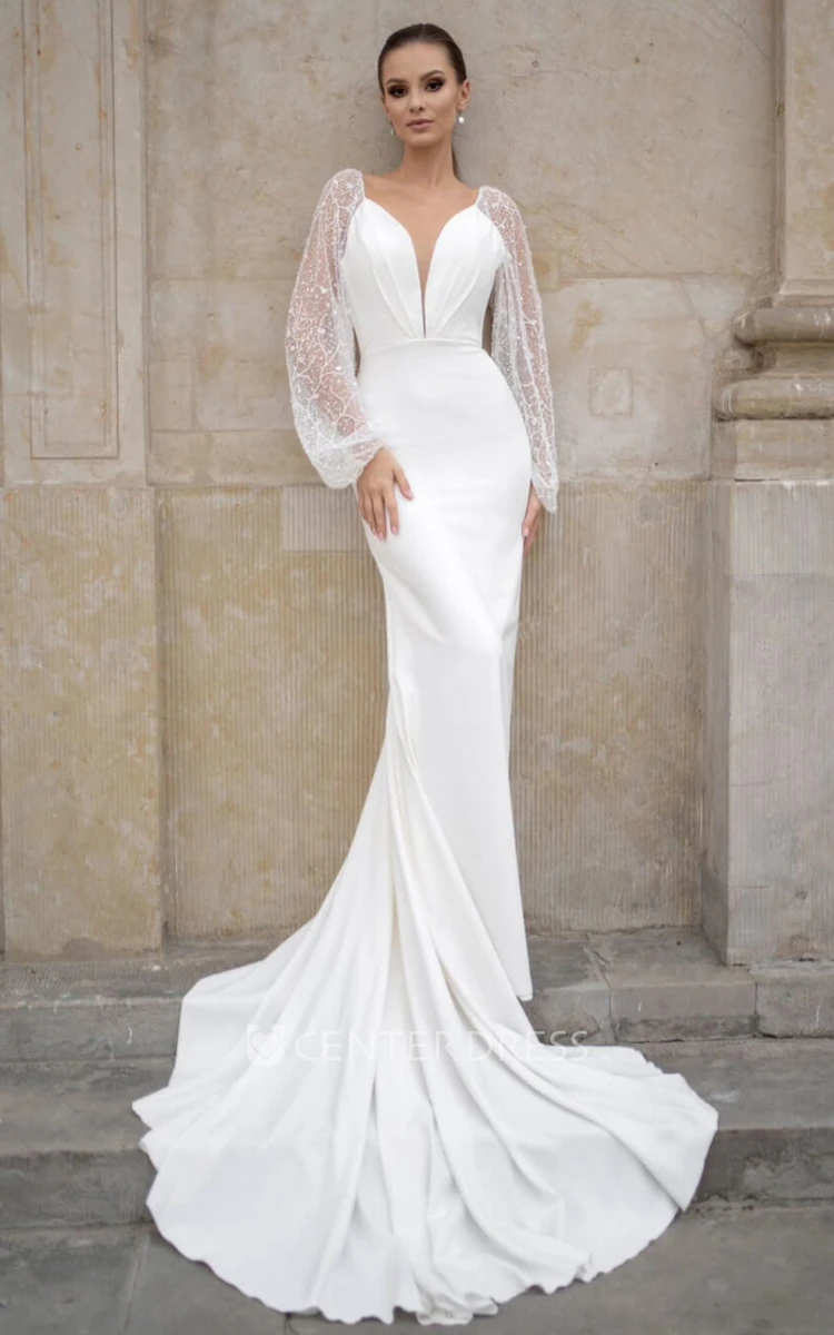 Adorable Satin Wedding Dress Mermaid V-neck with Illusion Sleeves and Open Back