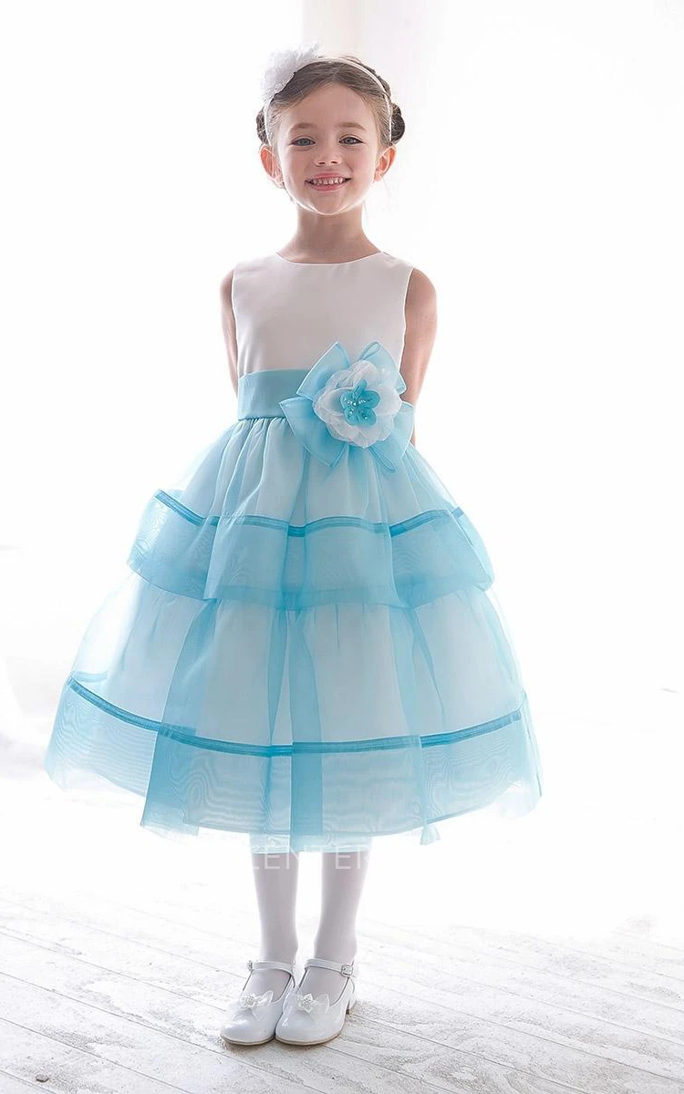 Tea-Length Floral Tiered Beaded Sequins&Organza Flower Girl Dress With Split Front