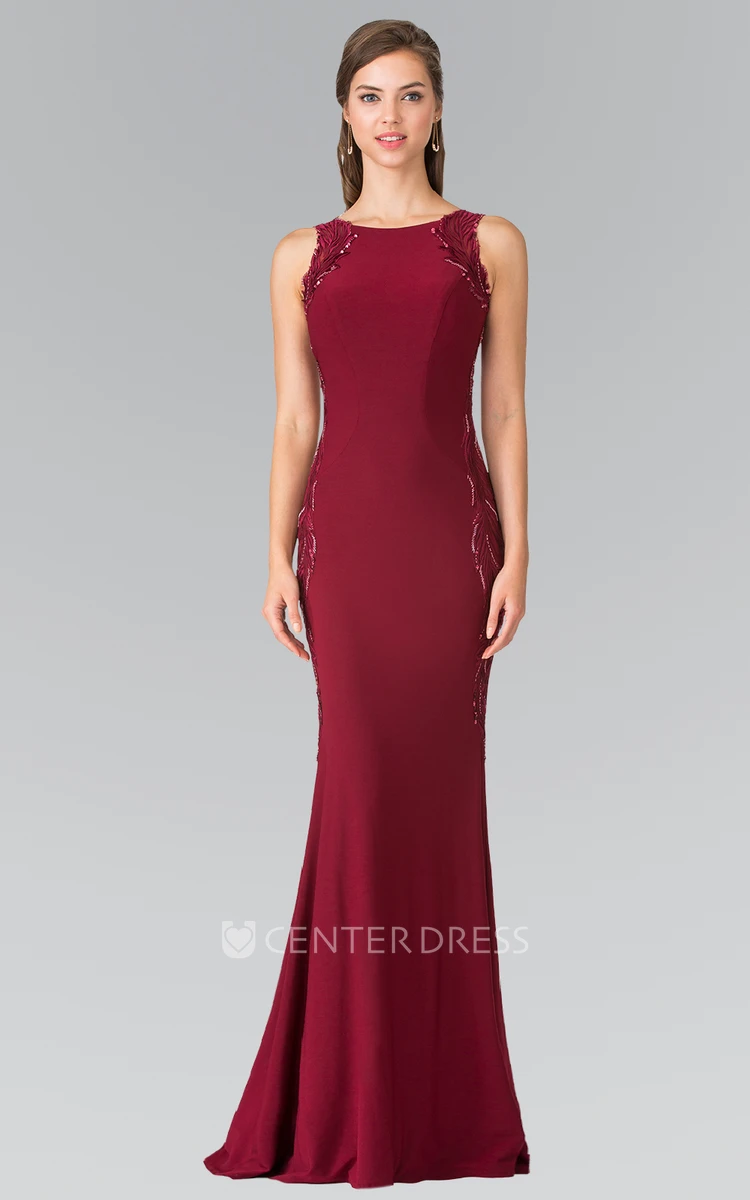 Sheath Long Scoop-Neck Sleeveless Jersey Keyhole Dress With Embroidery And Pleats