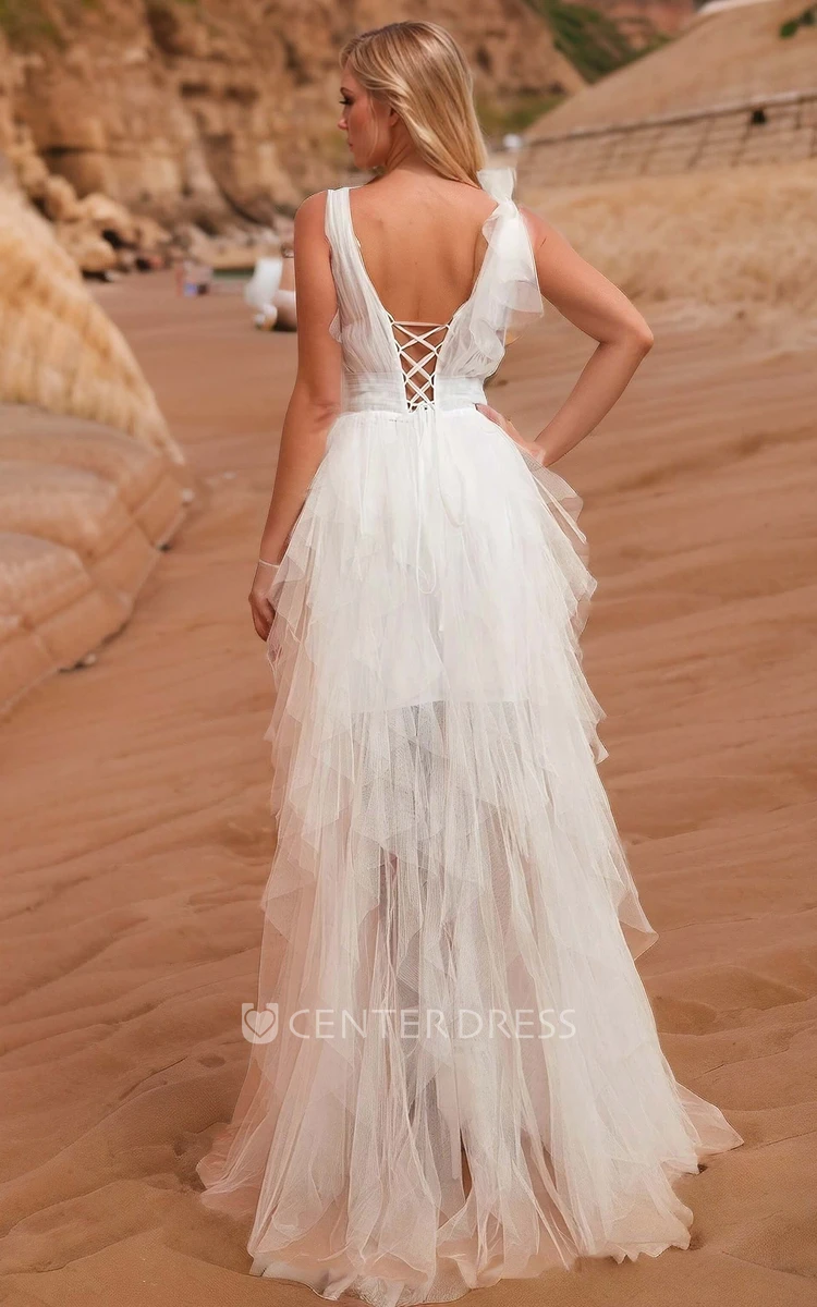 Romantic Ethereal Tulle A-Line Solid Wedding Dress Beach Sexy V-neck Floor-length Sleeveless Bridal Gown with Lace-up Back