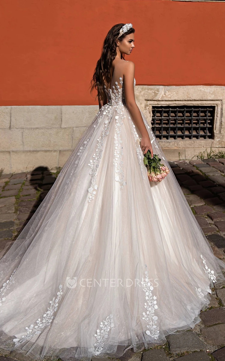 Modern Bateau Neck Ball Gown Tulle Wedding Dress With Open Back And Appliques