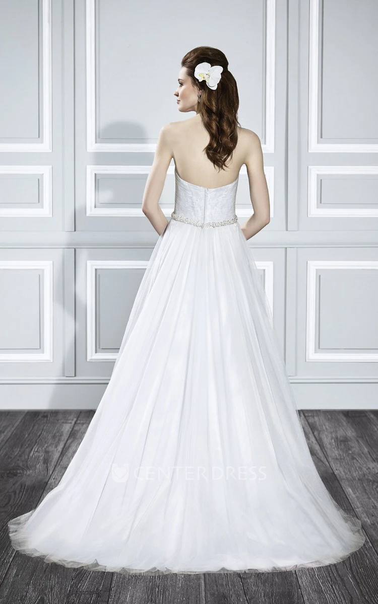 A-Line Jeweled Sweetheart Floor-Length Tulle&Satin Wedding Dress With Ruching And V Back