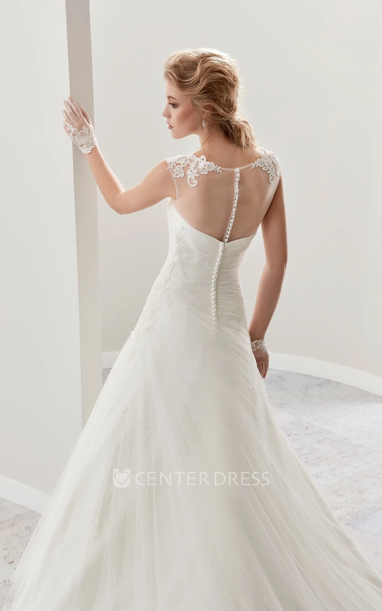 Cap Sleeve Pleated Bridal Gown With Side Draping And Illusion Neckline And Back