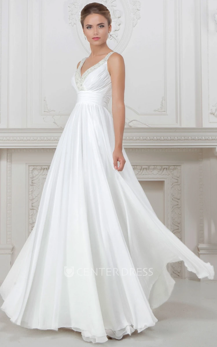 Sheath V-Neck Floor-Length Sleeveless Ruched Satin Wedding Dress With Beading