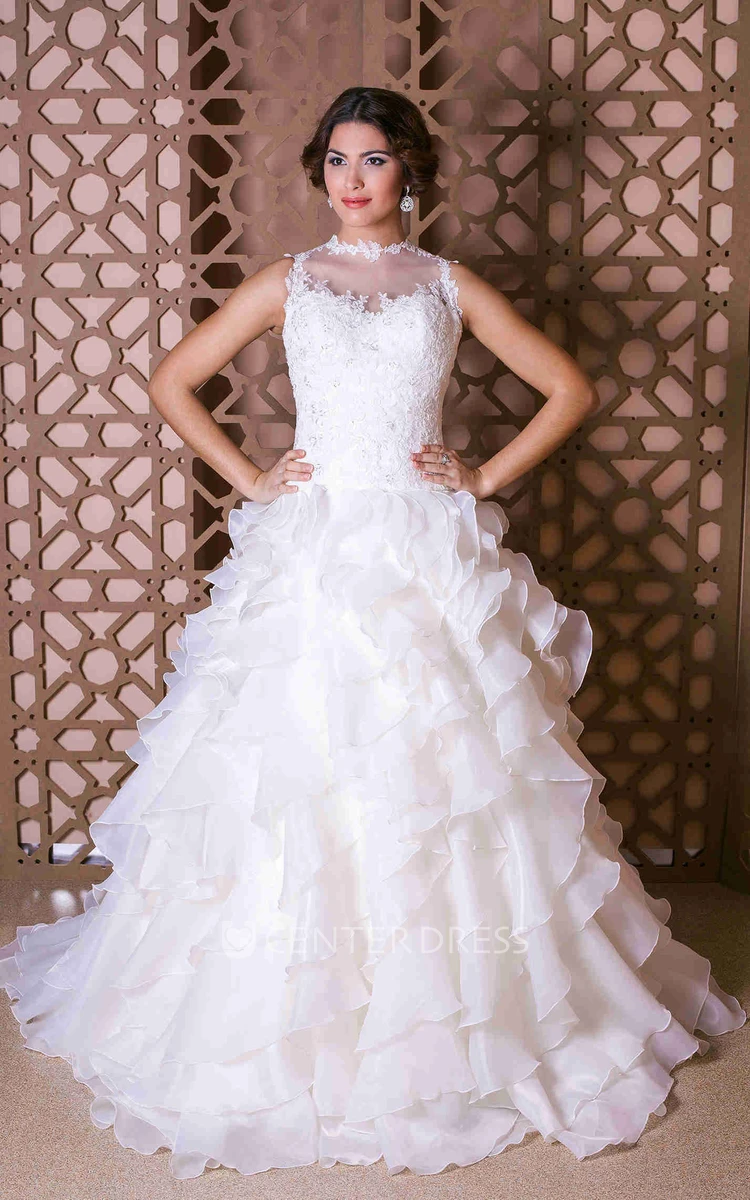 A-Line Sleeveless Tiered Maxi High-Neck Organza Wedding Dress With Appliques And Ruffles