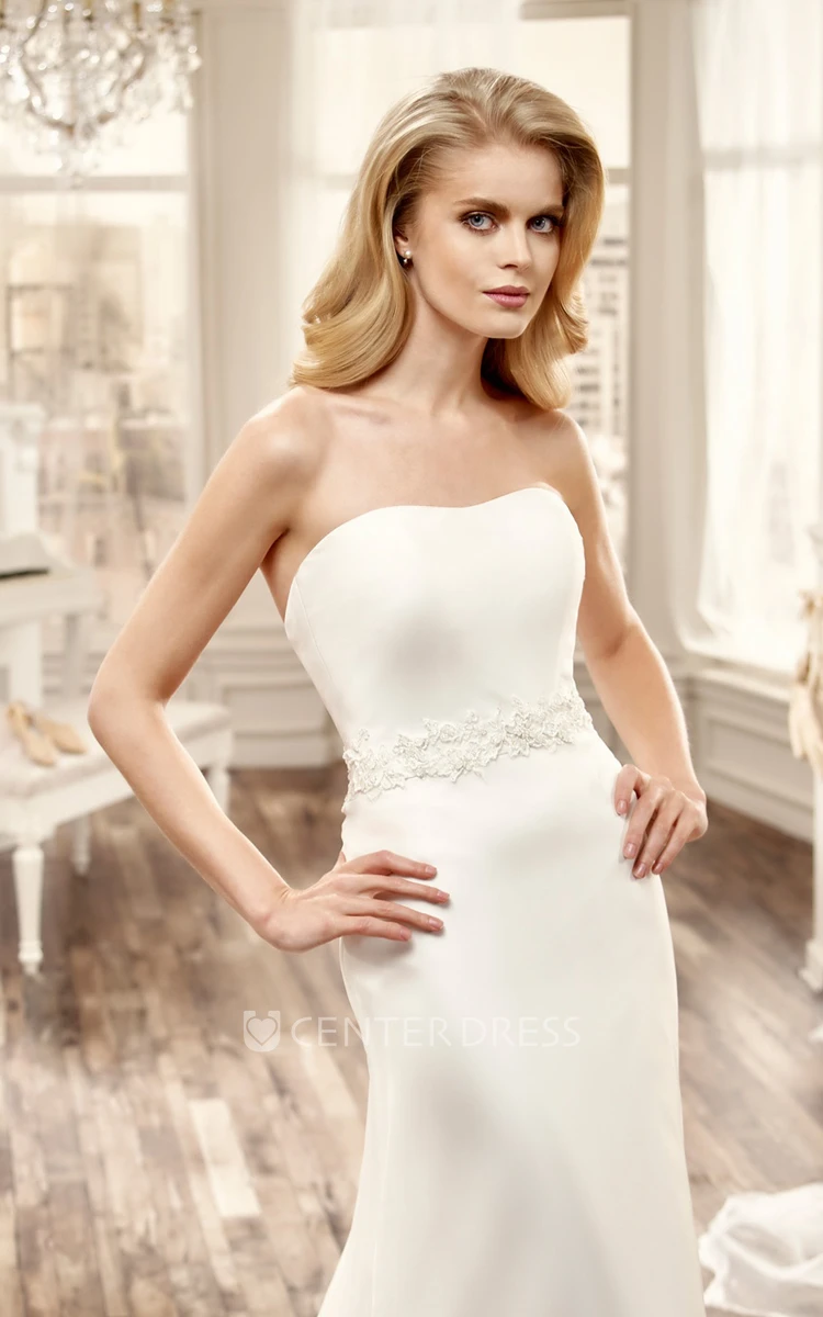 Strapless Sheath Lace Wedding Dress With Appliqued Sash And Brush Train