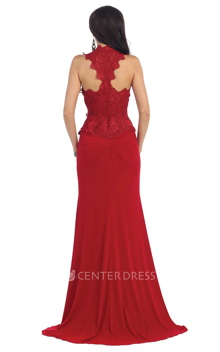Sheath V-Neck Sleeveless Jersey Dress With Appliques And Lace
