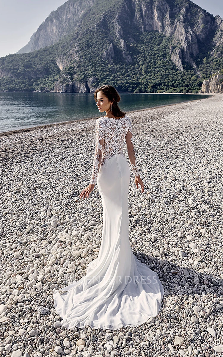 Sheath V-Neck Long-Sleeve Chiffon Wedding Dress With Illusion