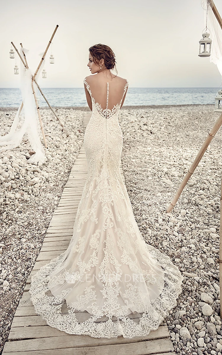 Sheath Cap-Sleeve V-Neck Floor-Length Lace Wedding Dress With Appliques And Illusion