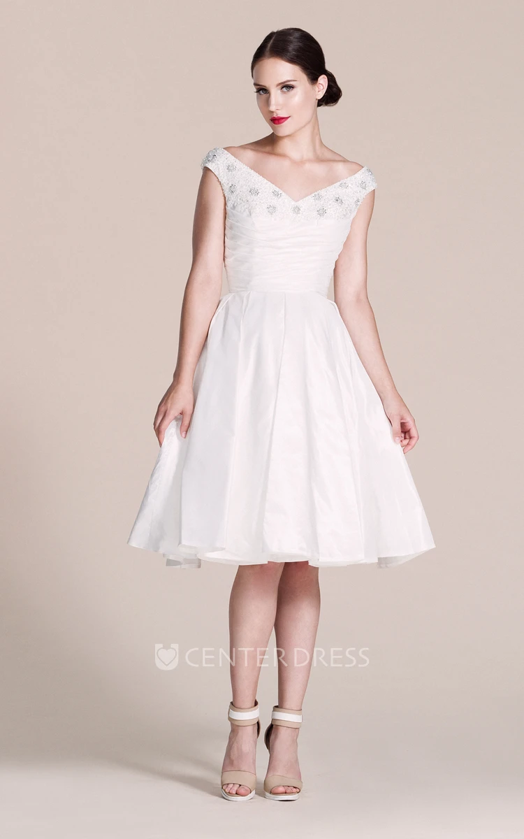 Cap-sleeved V-neck A-line Dress With Pleats and Beadings