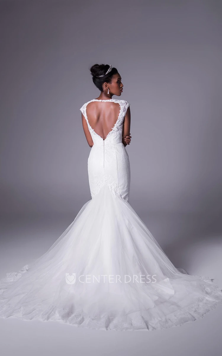 Mermaid Cap-Sleeve Appliqued V-Neck Floor-Length Lace Wedding Dress With Tiers