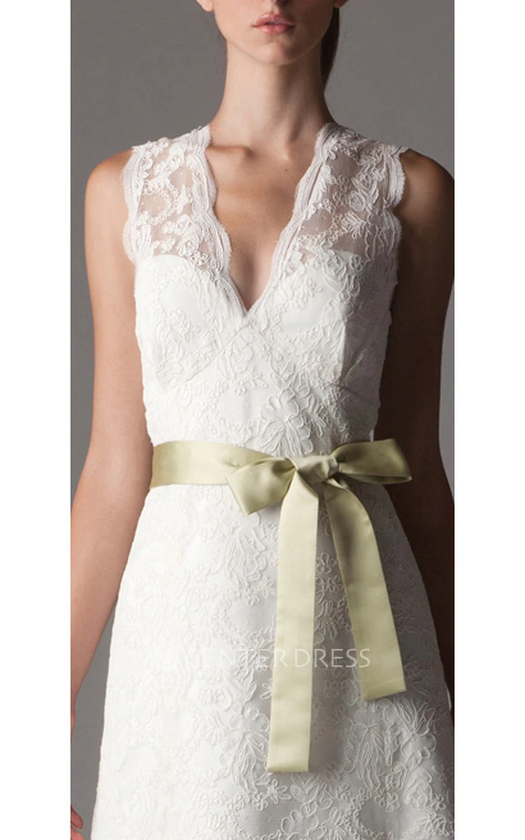 Sheath V-Neck Long-Sleeveless Lace Wedding Dress With Bow And V Back