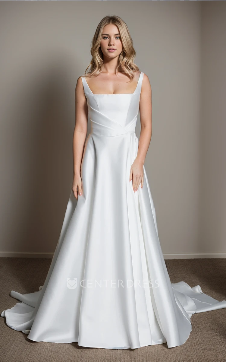 Simple Solid Square Straps Neck A-Line Floor-length Satin Wedding Dress Modern Elegant Sleeveless Draping Pleats with Train Zipper Back with Button Bridal Gown