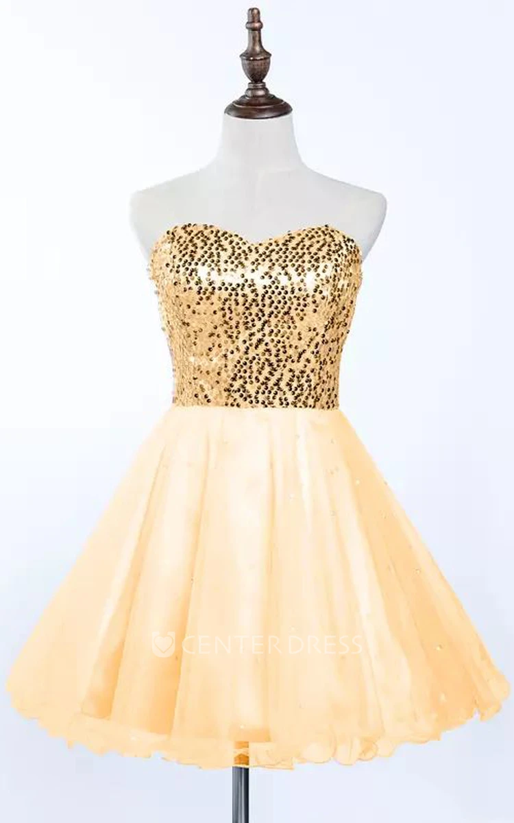 A-line Short Mini Sleeveless Sweetheart Pleats Sequins Tulle Sequins Homecoming Dress