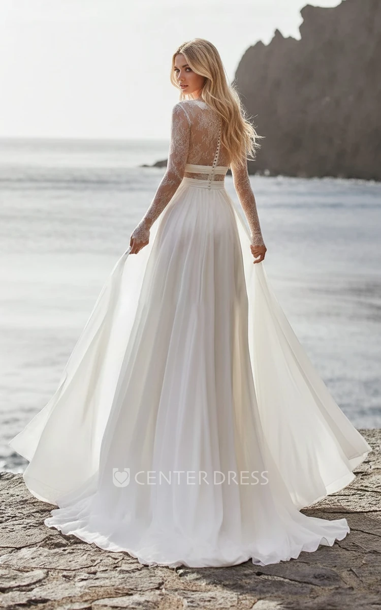 Long Sleeve Lace Plunging V-neck Pleated Bohemian A-Line Floor-length Spring Wedding Dress Gown