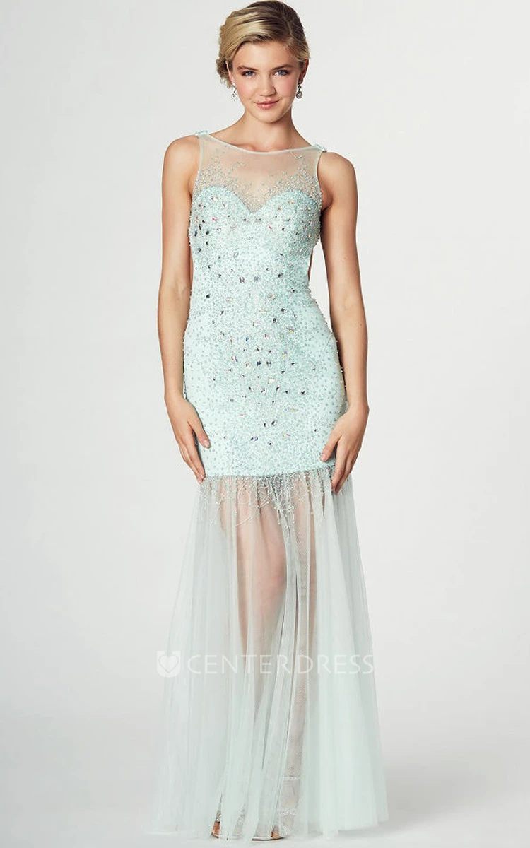 Sleeveless Beaded Scoop Neck Tulle Prom Dress With Pleats And Straps