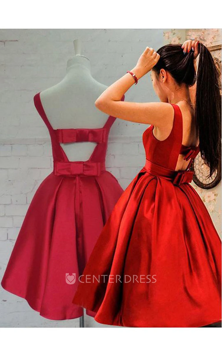 Sleeveless Knee Length Red Bow Back Satin Dress