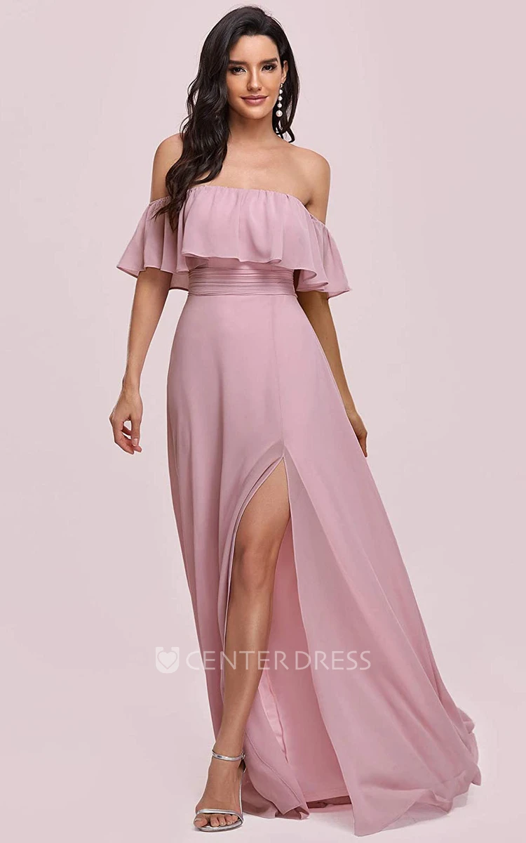 Simple A Line Chiffon Off-the-shoulder Evening Dress With Ruffles and Split Front