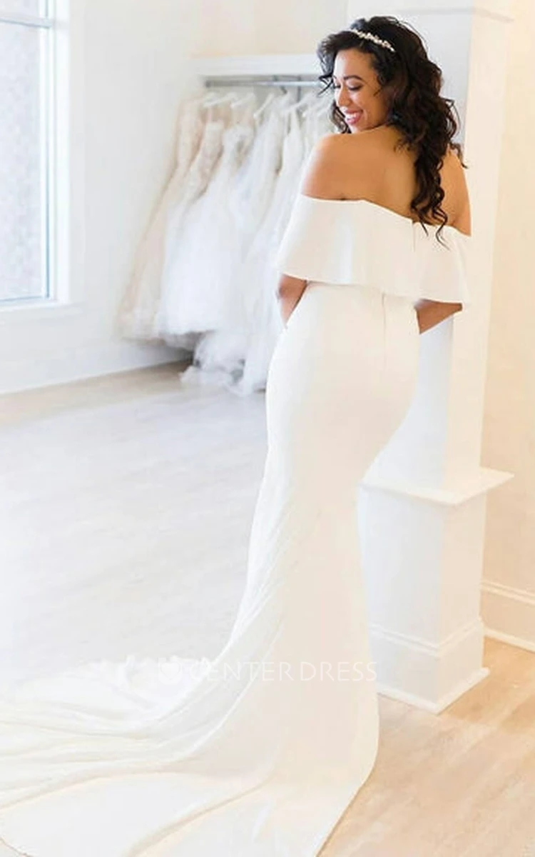 Sexy Satin Mermaid Off-the-shoulder Wedding Dress With Open Back And Court Train