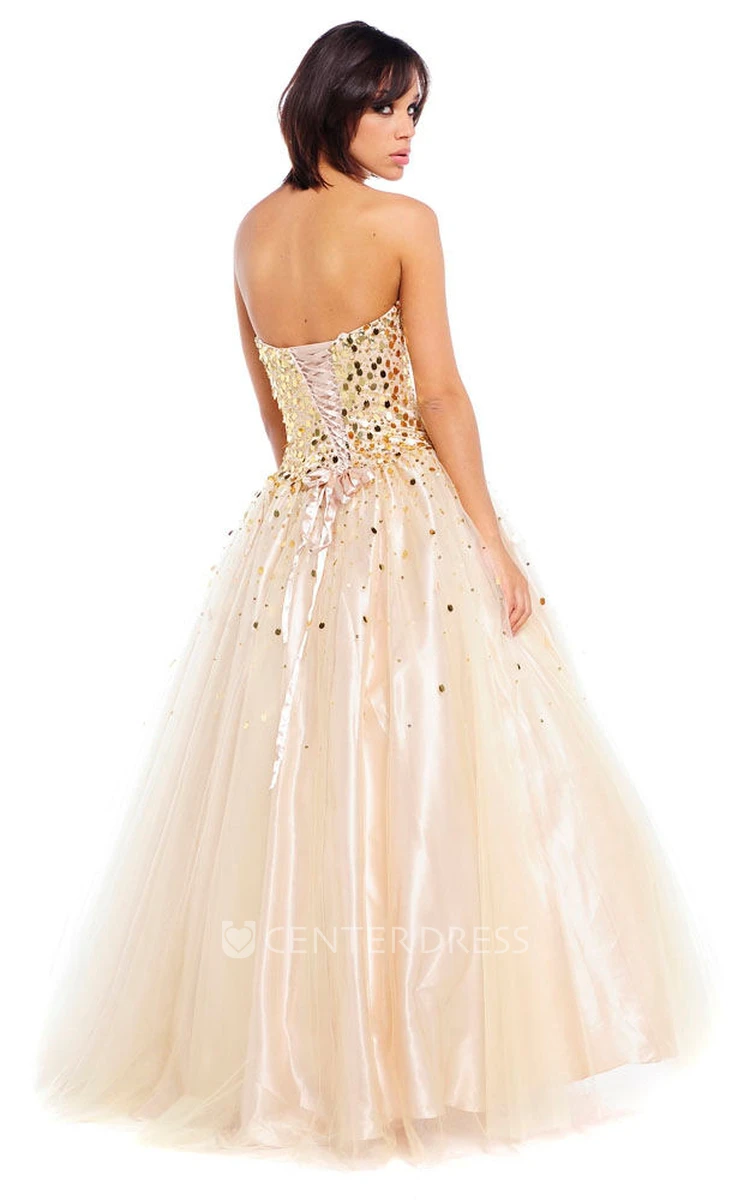 A-Line Strapless Floor-Length Sleeveless Beaded Satin Prom Dress With Lace-Up Back And Bow