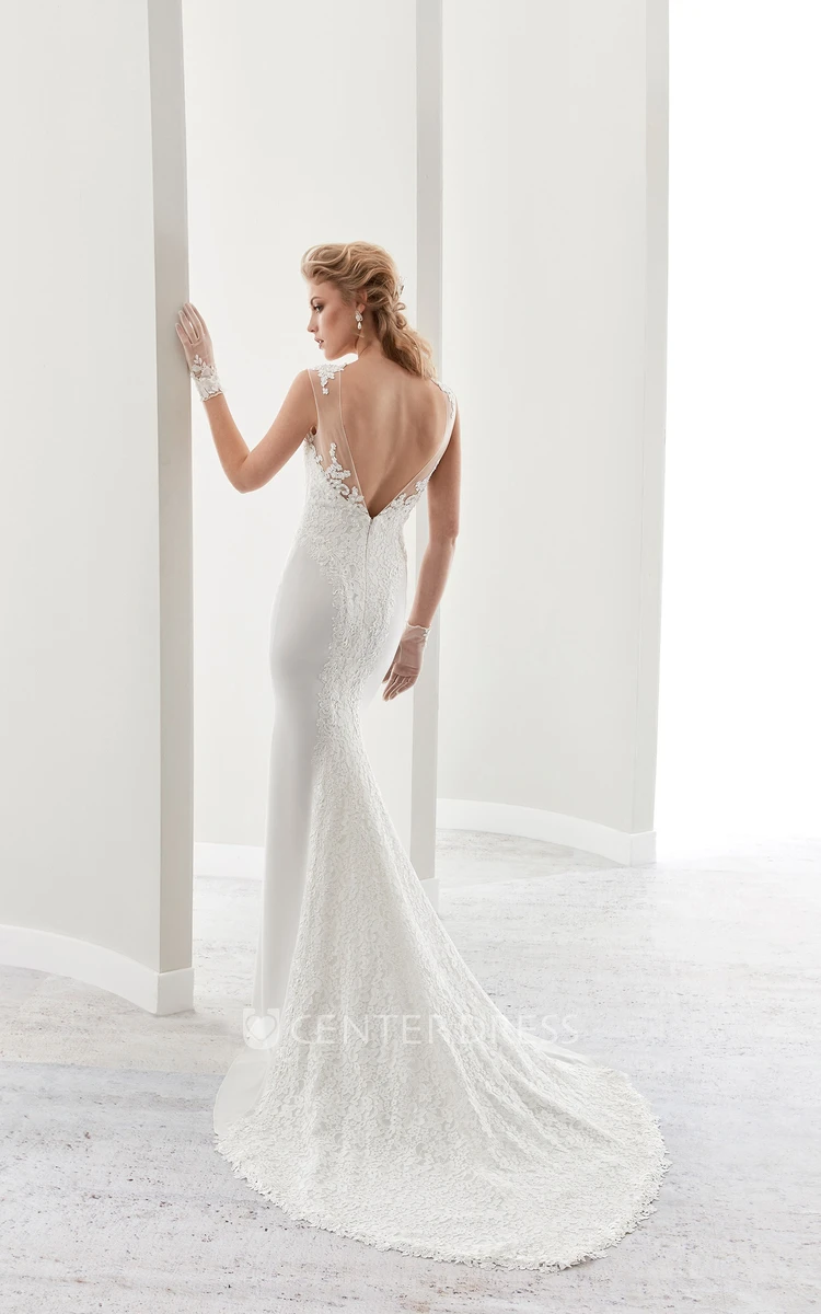 Cap Sleeve Sheath Bridal Gown With Illusion Details And Low-V Back