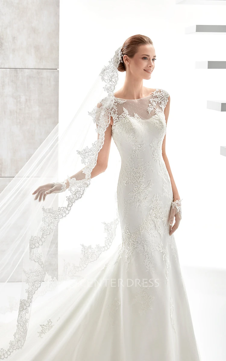 Jewel-Neck Cap-Sleeve Mermaid Wedding Dress With Illusive Design And Appliques