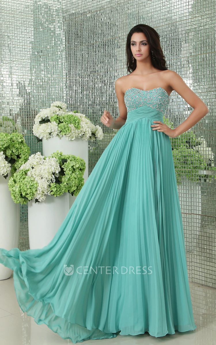 Pleated Empire Chiffon Prom Gown With Sequined Bodice