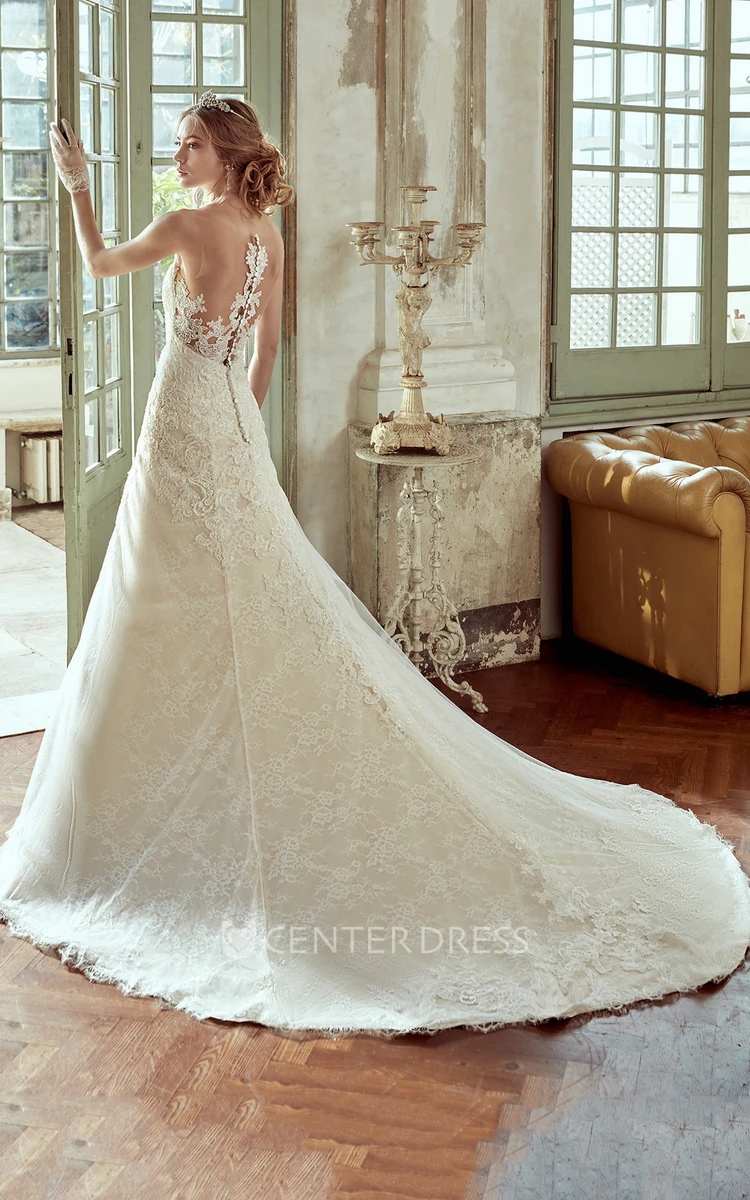 Strapless Lace Wedding Dress with Appliqued Bust and Brush Train 
