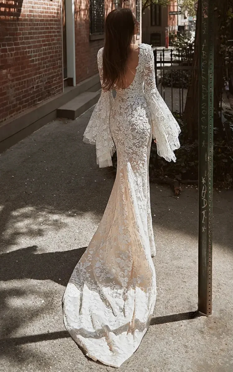 Romantic Lace Mermaid Wedding Dress with Open Back and Bateau Neckline