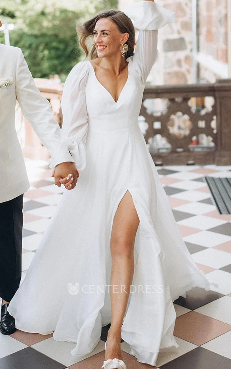 Chiffon Sexy Plunging Neckline A-Line Wedding Dress With Split Front